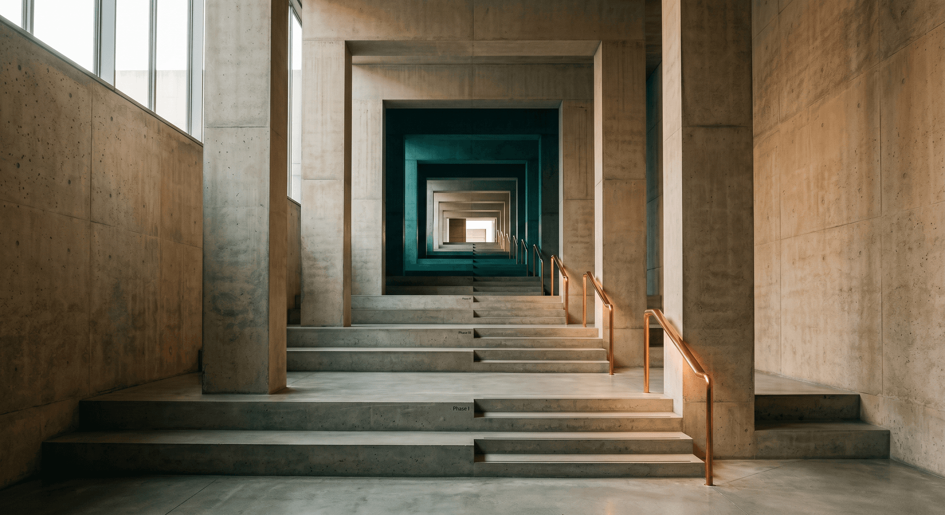 Structured staircase ascending through repeating archways representing the phases of a client onboarding checklist
