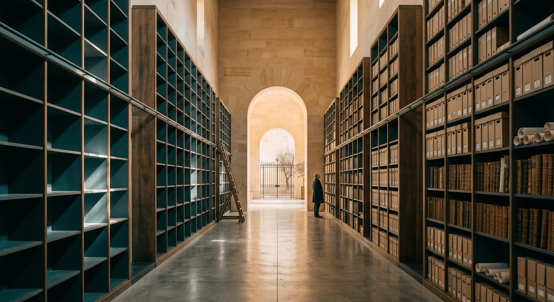 Archive hall with organized shelving converging toward an archway representing structured client document collection