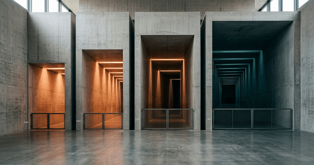 Four concrete corridors of increasing width side by side, each gated at a different height, under warm directional light