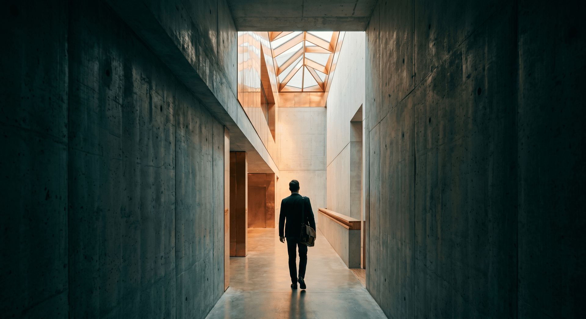 A concrete corridor splitting into two paths, one leading to a heavy locked gate, the other to an open doorway with light streaming through