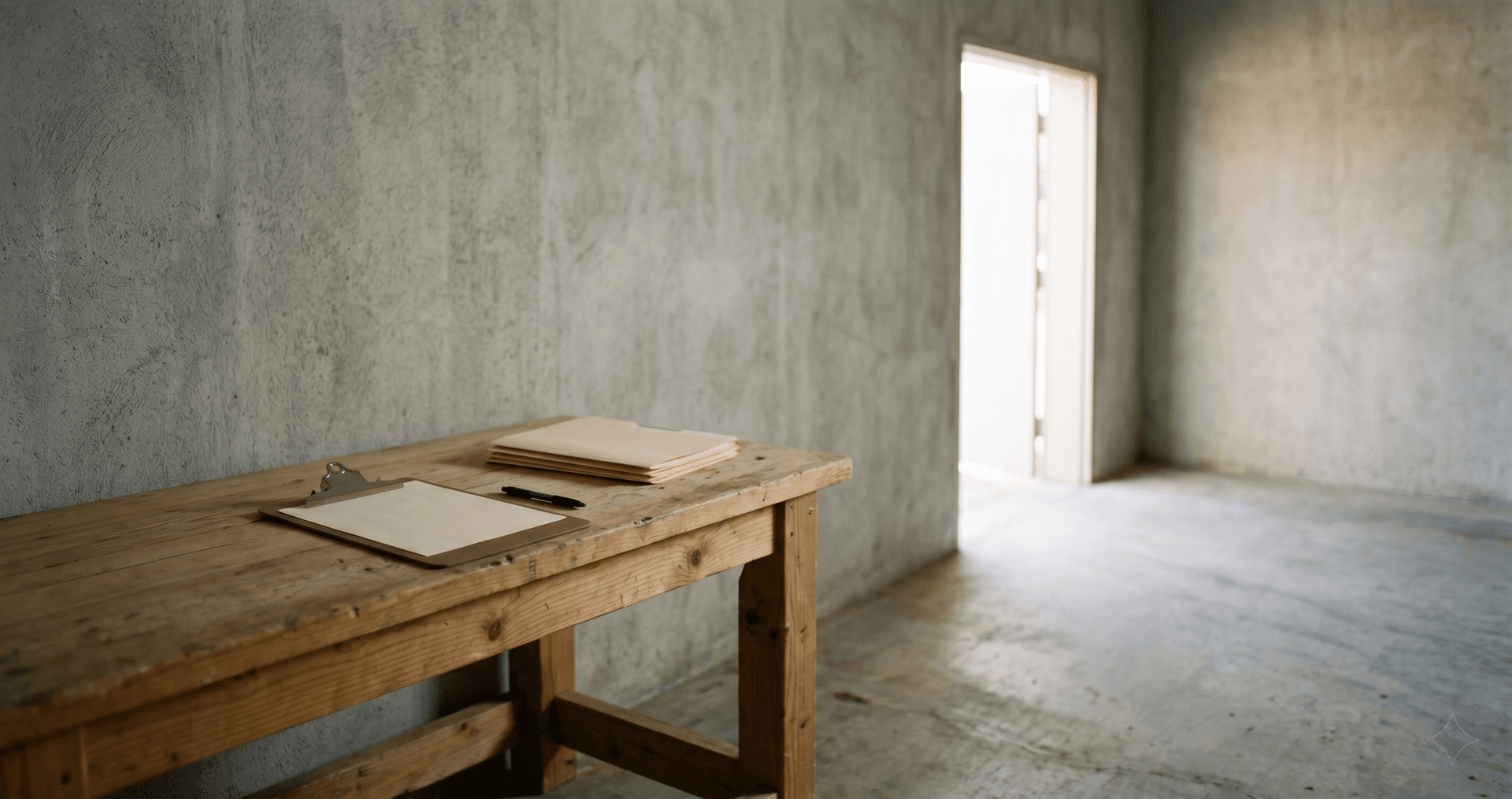 Sparse concrete room with a simple wooden workbench holding a clipboard and folders, an open doorway letting in light, representing when manual processes are sufficient
