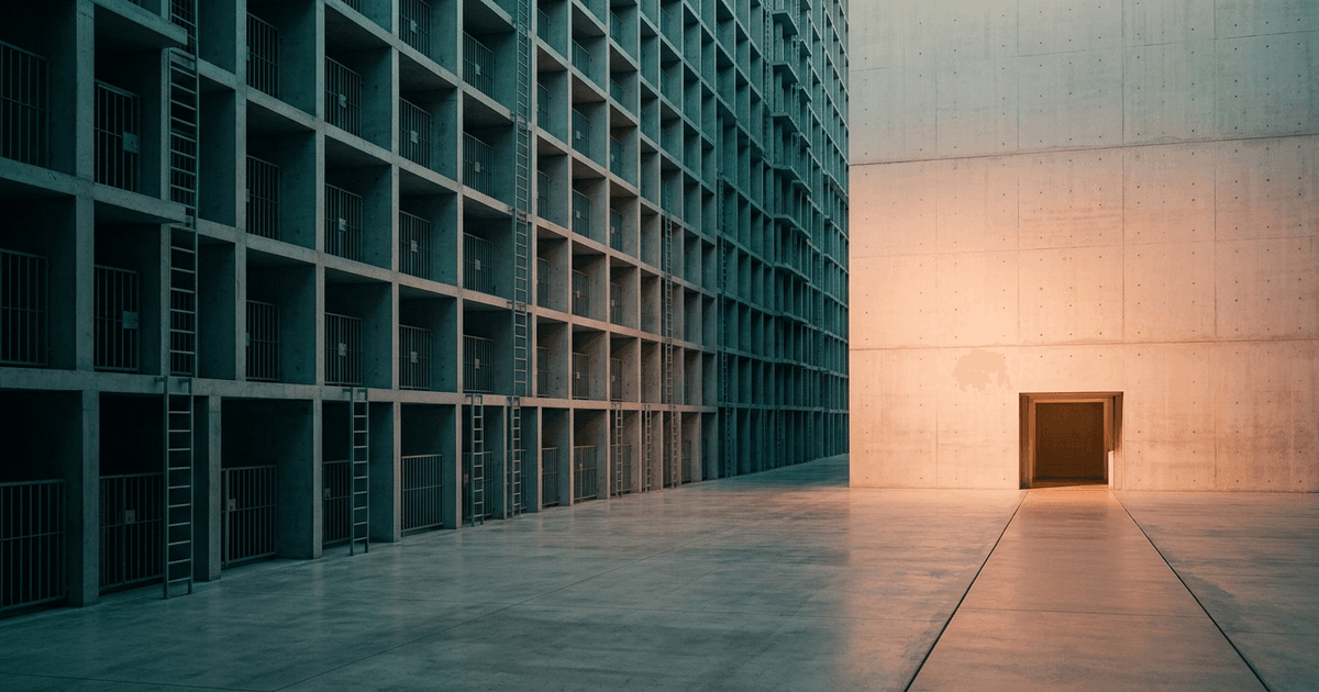 A towering grid of identical per-seat cells receding into shadow on the left, and a single open doorway lit in warm light on the right