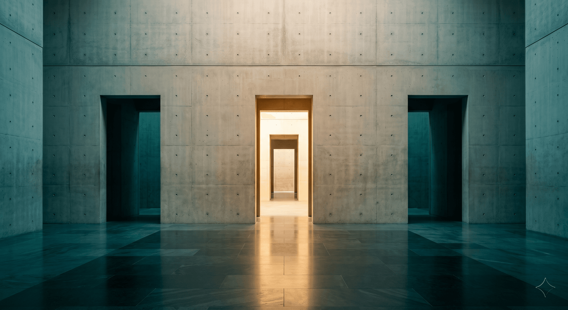 Three architectural doorways in a concrete wall with the center door illuminated, representing client portal software comparison