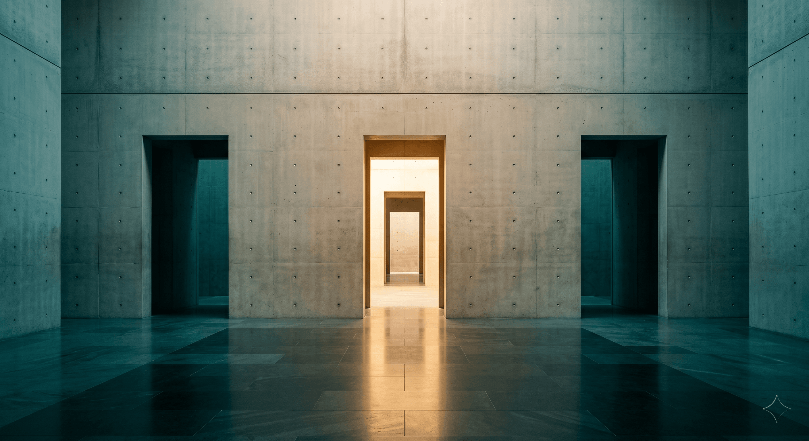 Three architectural doorways in a concrete wall with the center door illuminated, representing client portal software comparison