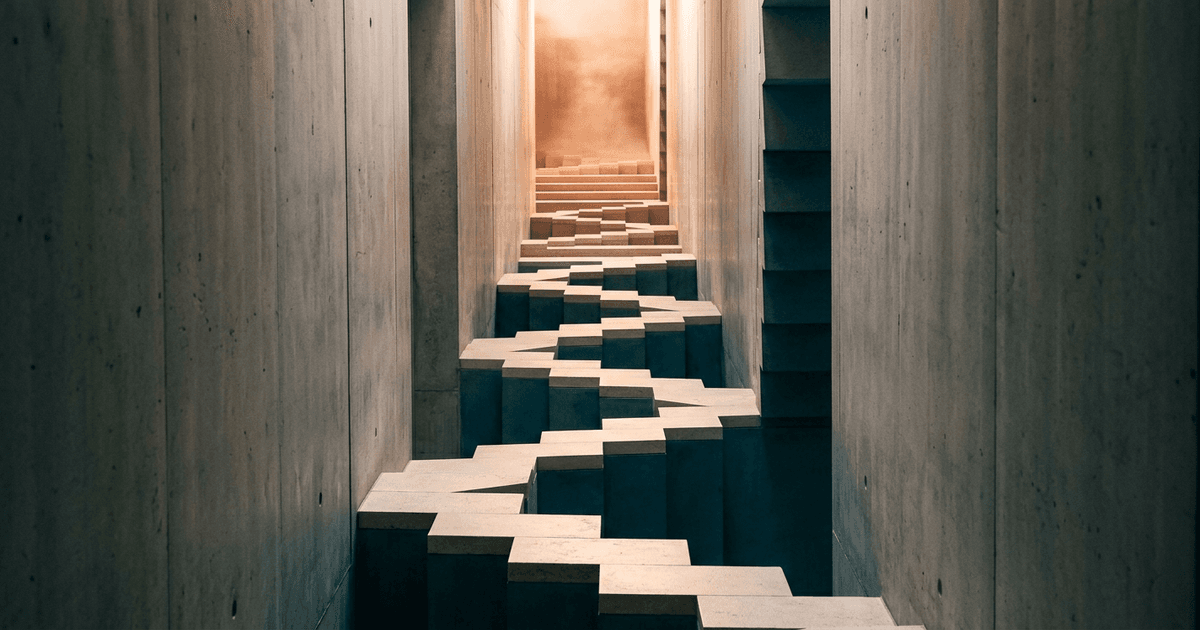 A corridor of twelve numbered doors repeating in sequence, with a clipboard hanging beside the first door and a clear path running through all of them