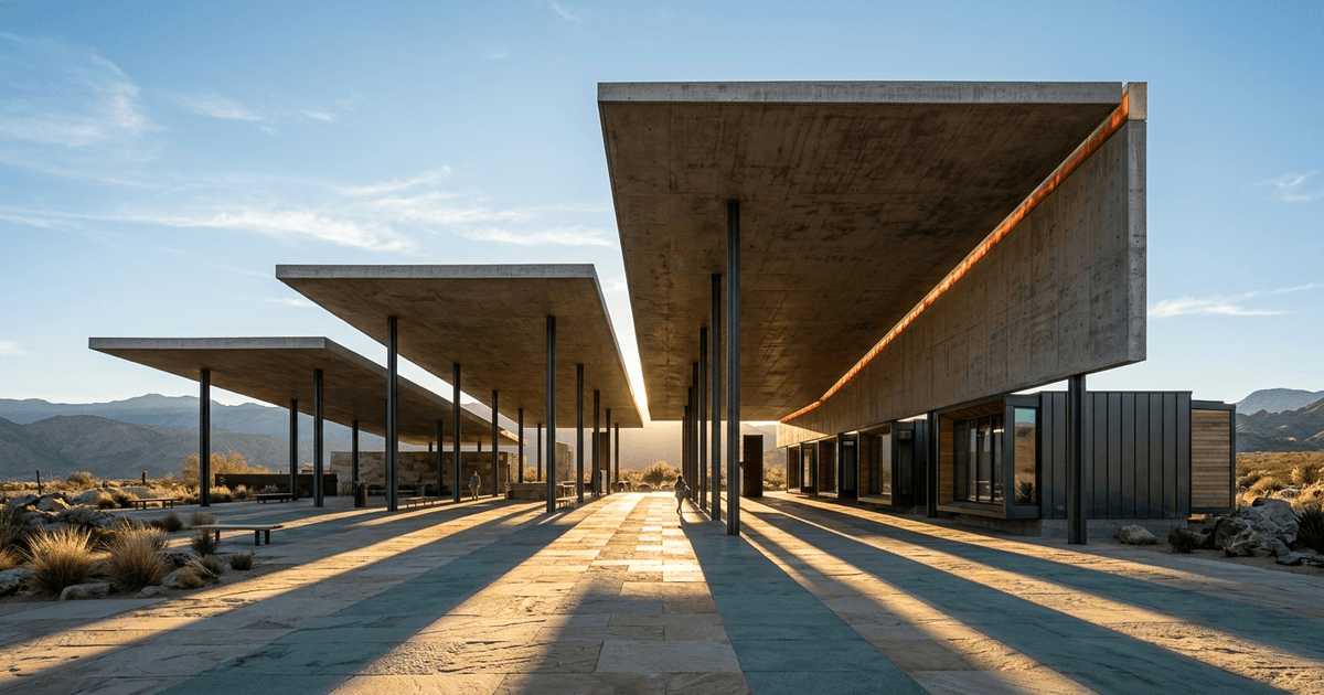 Three stacked concrete tiers rising under directional light, each with smaller modular blocks resting on top of the base structure