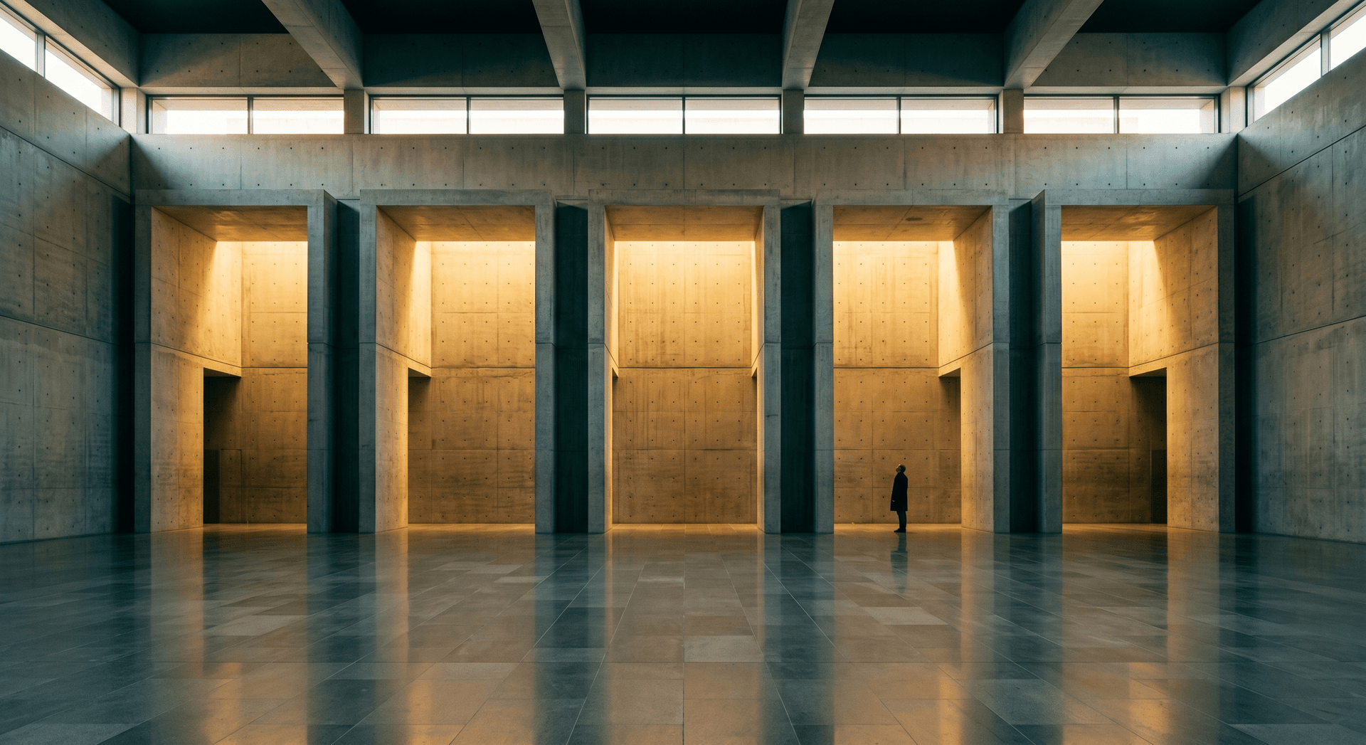 Symmetrical concrete atrium with illuminated alcoves, representing client intake form templates organized by industry
