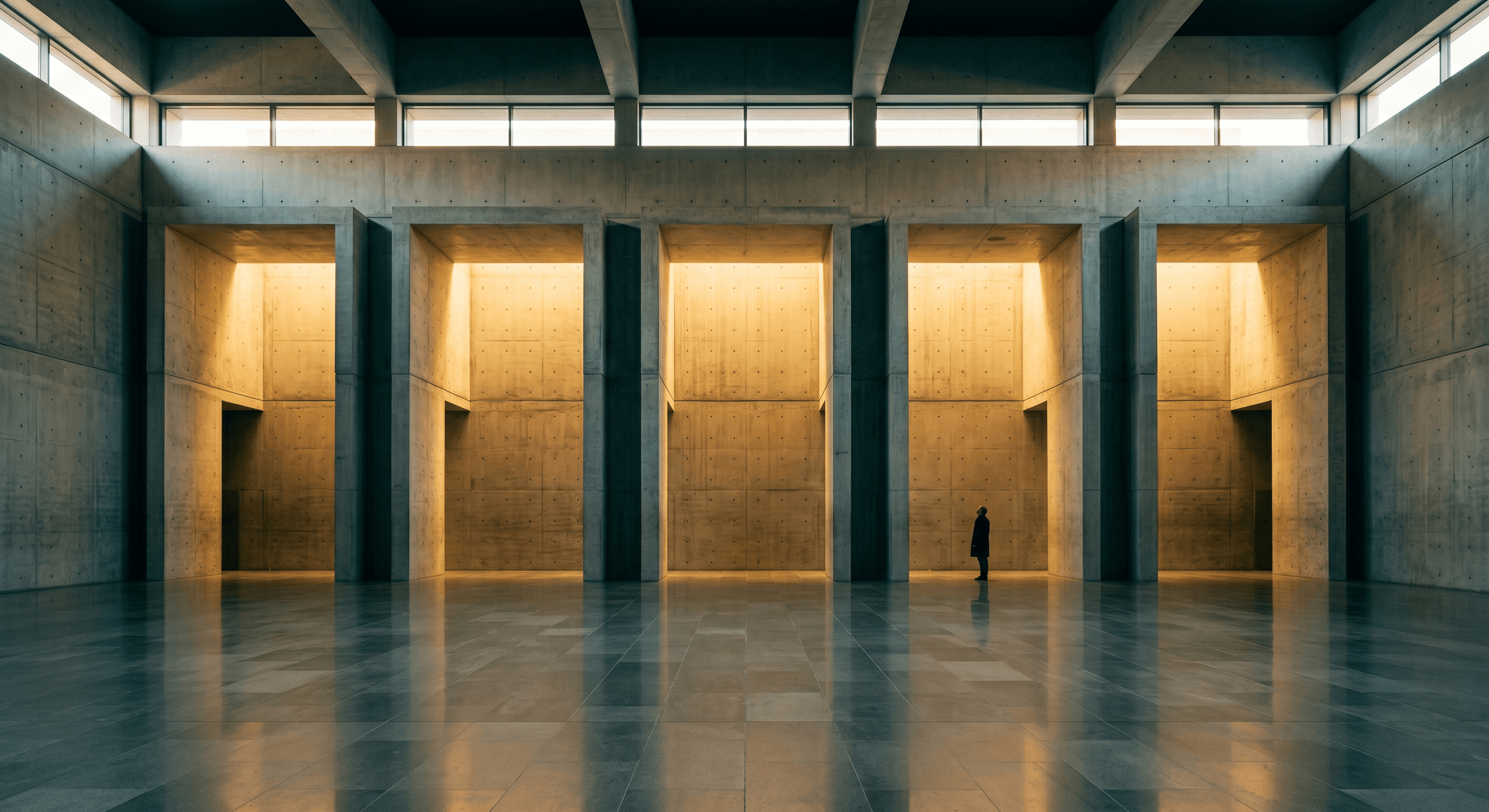 Symmetrical concrete atrium with illuminated alcoves, representing client intake form templates organized by industry