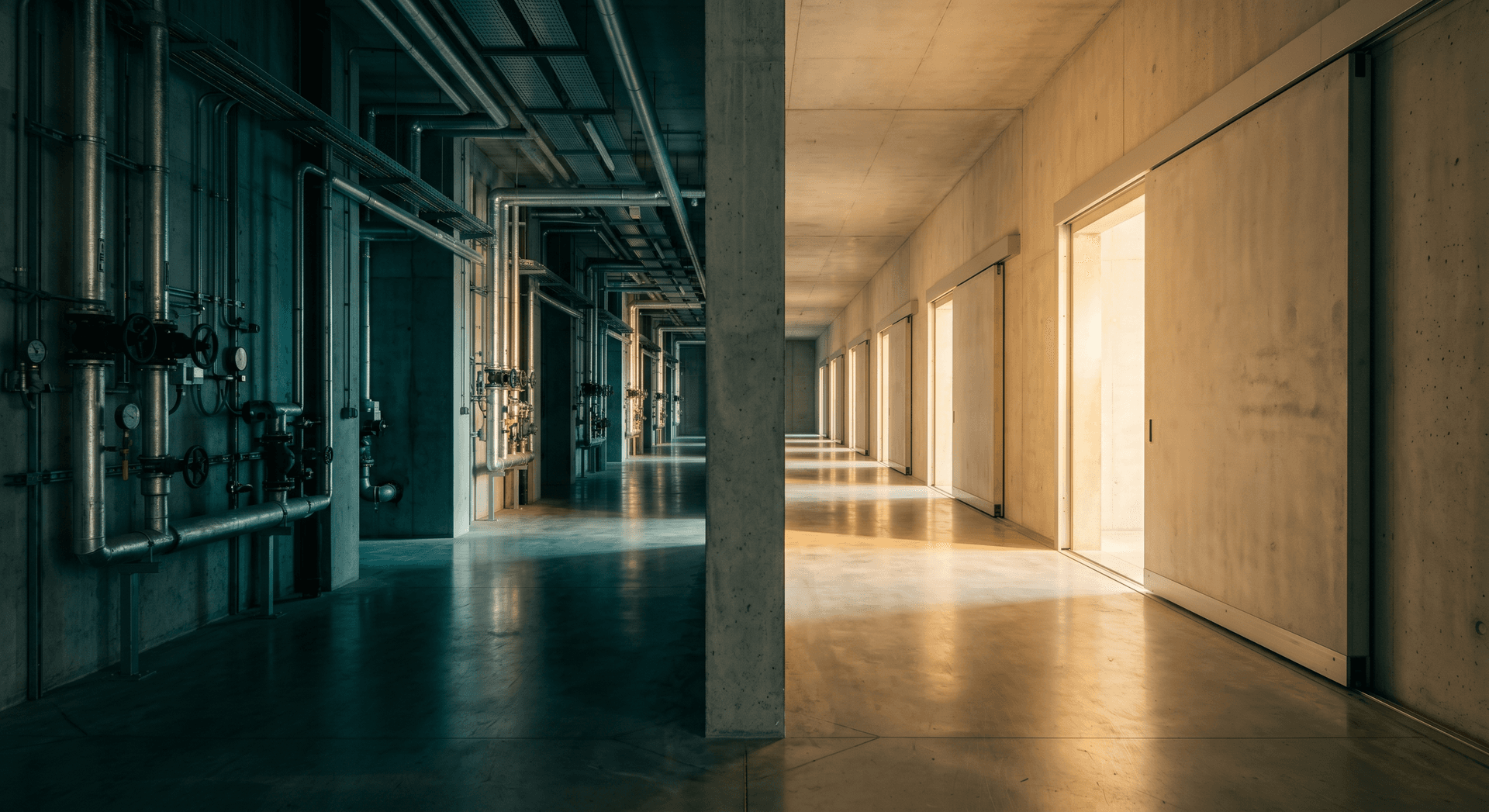 Concrete hall split between mechanical infrastructure and smooth automated panels, representing the choice between manual and automated onboarding