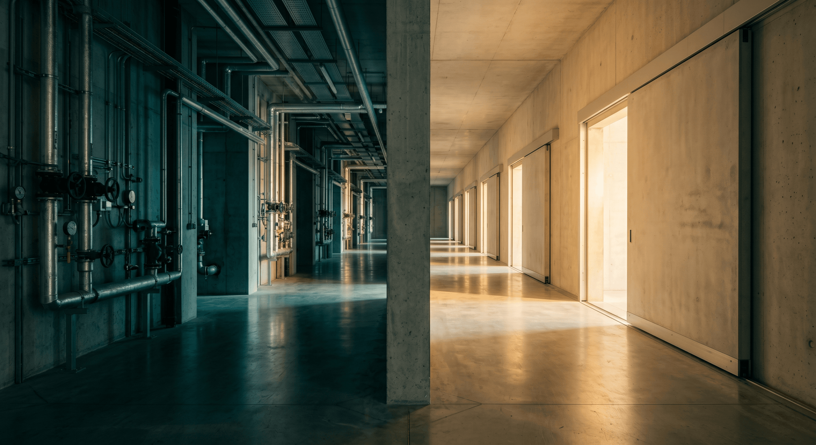 Concrete hall split between mechanical infrastructure and smooth automated panels, representing the choice between manual and automated onboarding