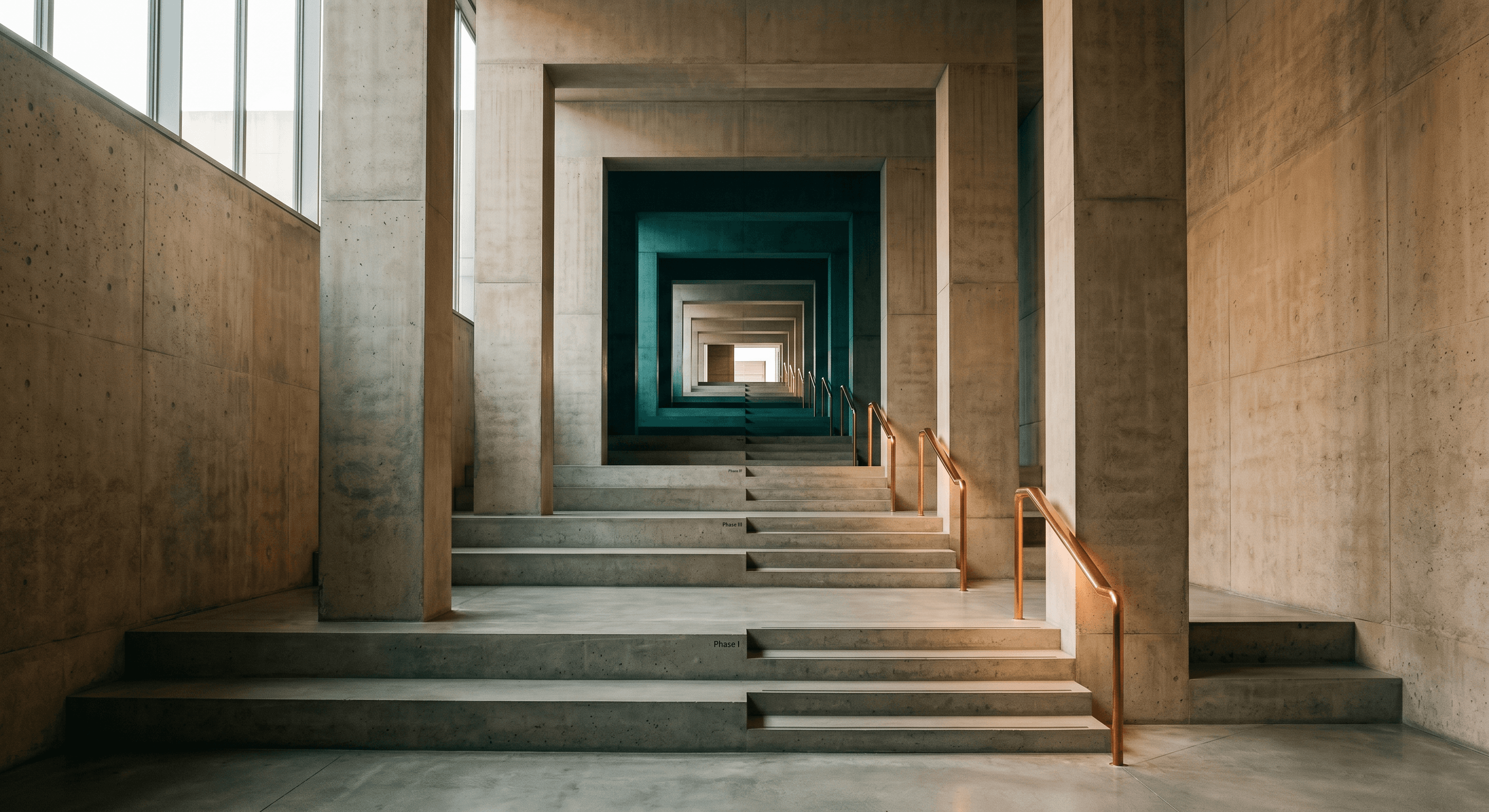 Structured staircase ascending through repeating archways representing the phases of a client onboarding checklist