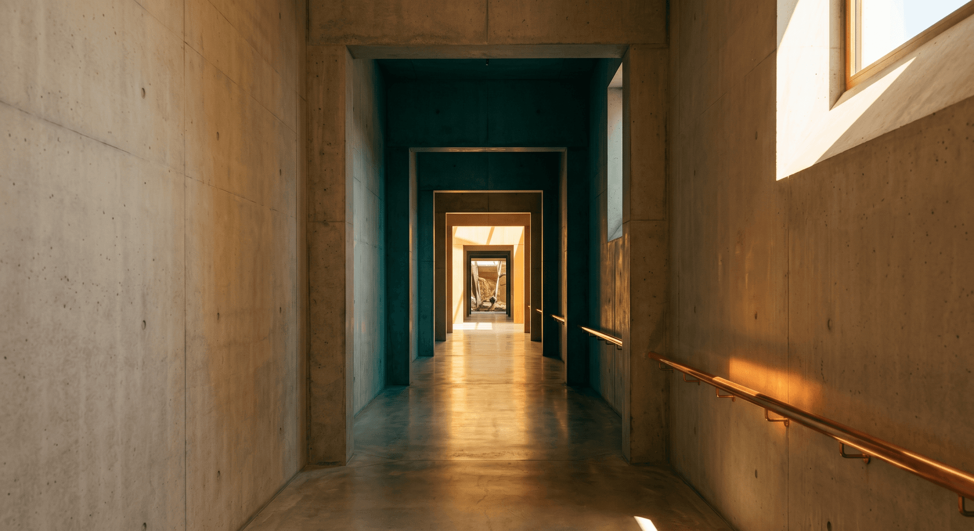 Concrete corridor with successive doorways receding into warm light, representing the five phases of a client onboarding process