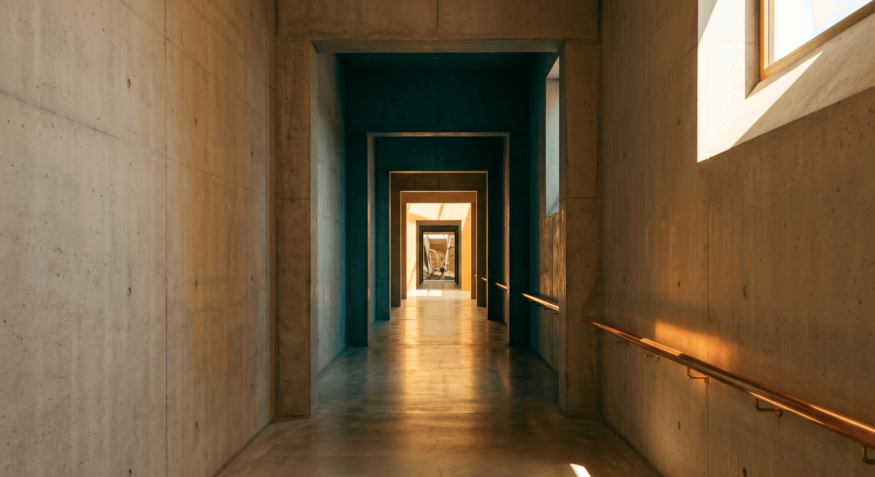 Concrete corridor with successive doorways receding into warm light, representing the five phases of a client onboarding process
