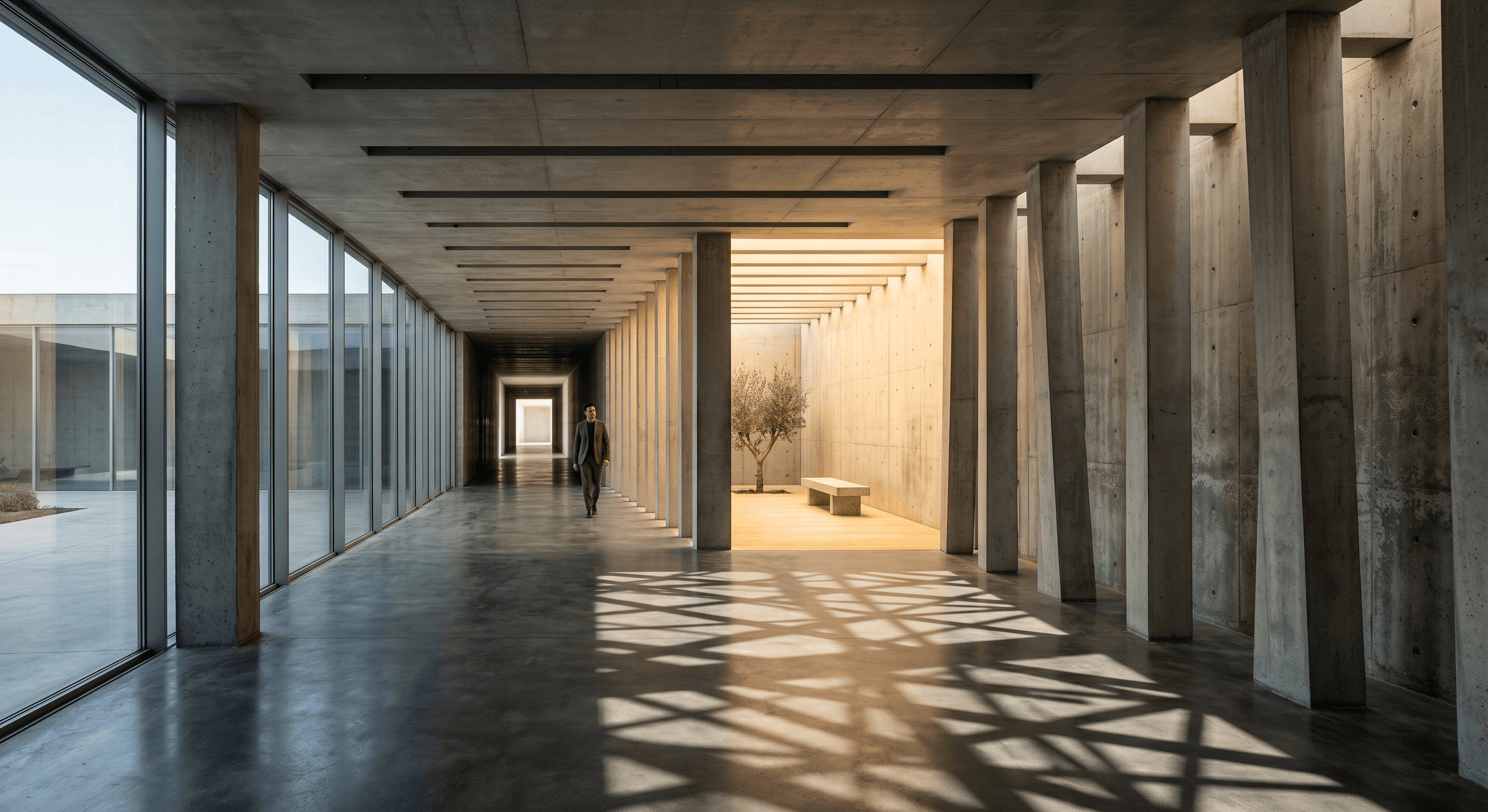 Concrete corridor with misaligned columns and crossing shadows representing common client onboarding mistakes