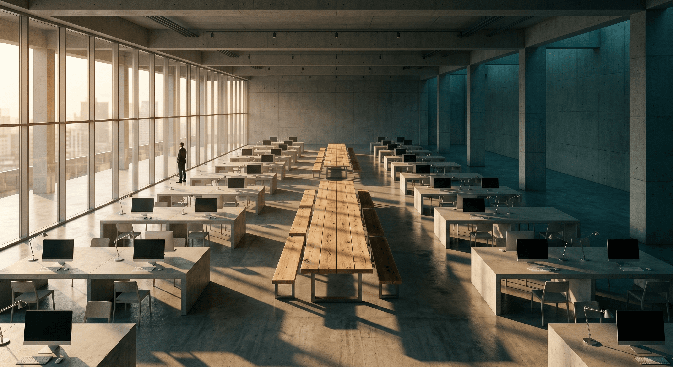 Open-plan concrete workspace with a central conference table and rows of workstations, representing a scalable agency onboarding process
