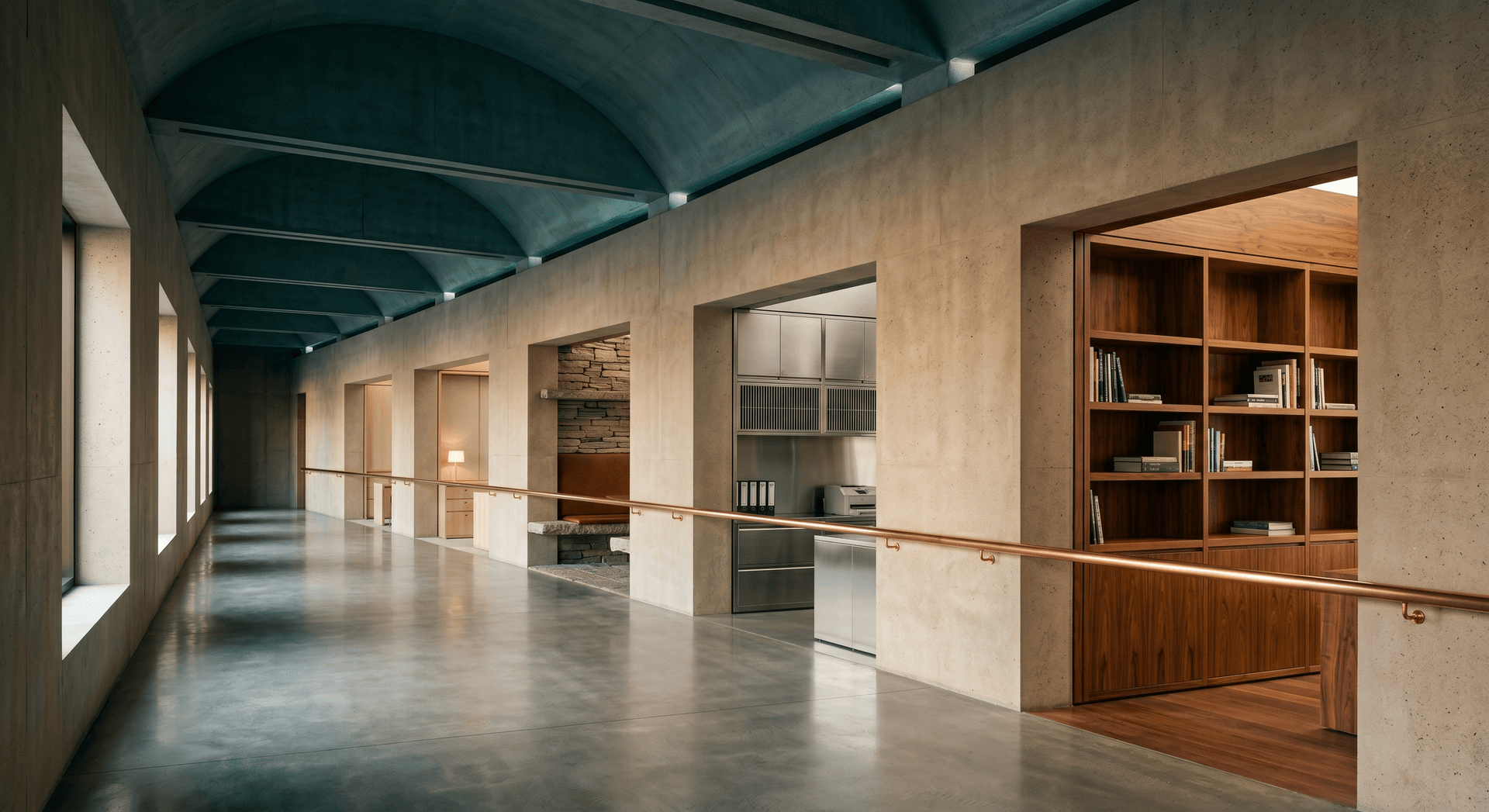 Four identical concrete alcoves in a long hall, each furnished differently with distinct materials, representing industry-specific onboarding templates