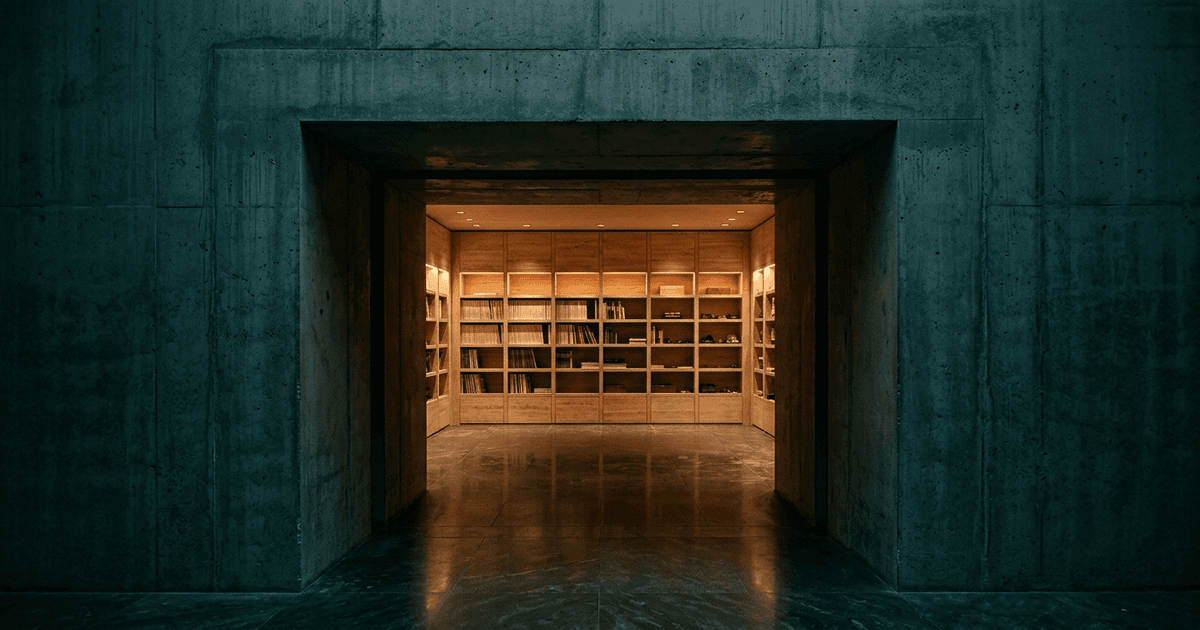 A reinforced vault door with a simple keyhole beside a compliance seal, opening into a clean well-lit client reading room