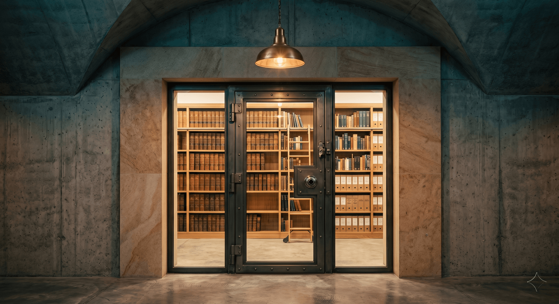 Secure concrete vault with a glass-fronted portal revealing organized ledger shelves and warm copper lighting, representing a client portal for accounting firms