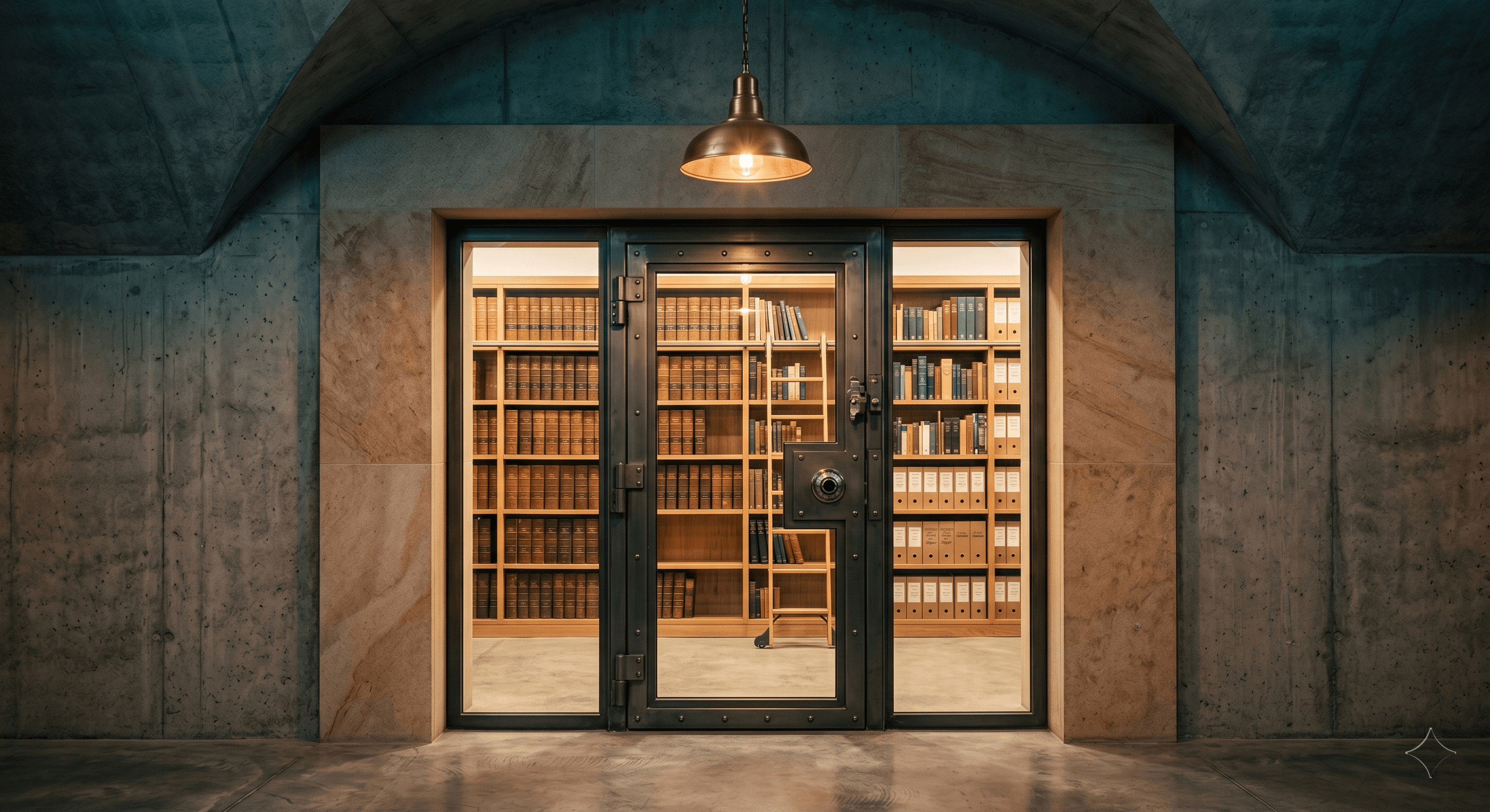 Secure concrete vault with a glass-fronted portal revealing organized ledger shelves and warm copper lighting, representing a client portal for accounting firms