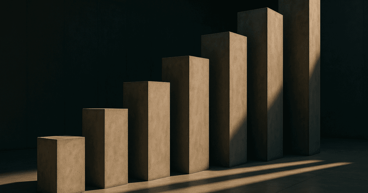 A row of concrete pillars rising in steps from short to tall under directional light, each taller than the last, casting long shadows