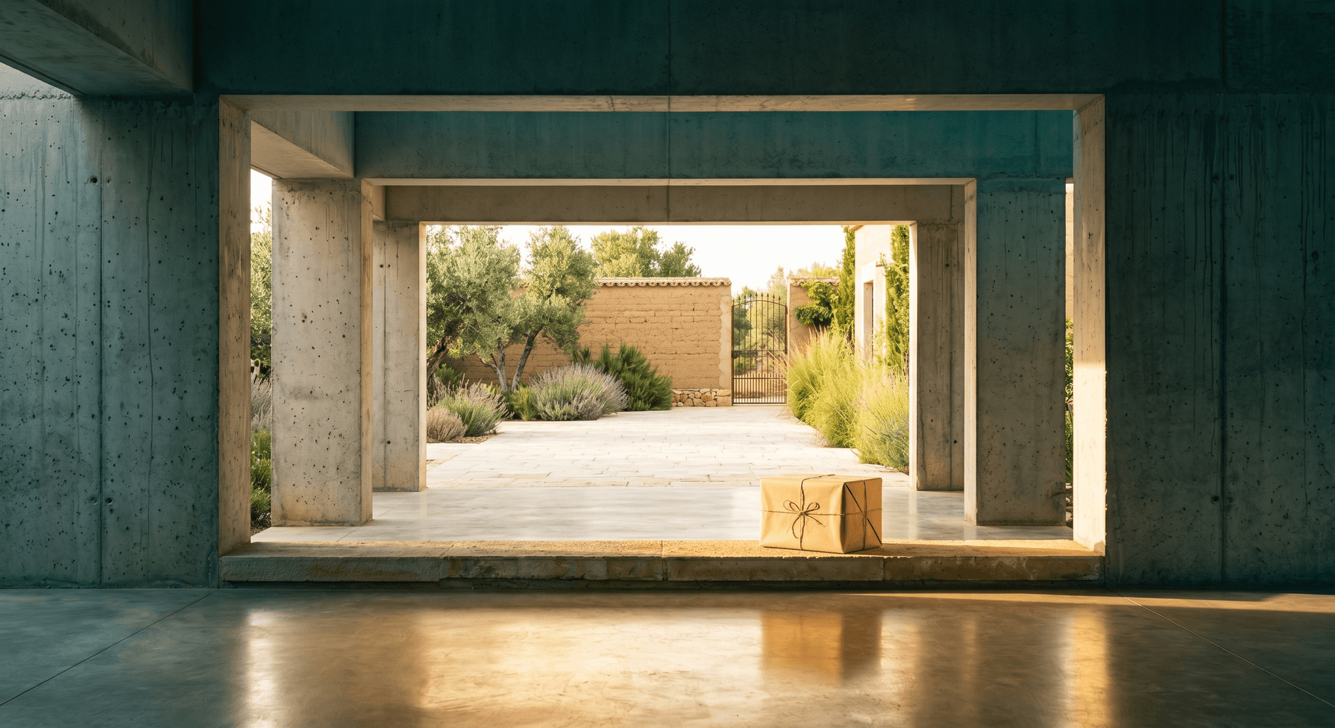 Concrete portico framing a sunlit courtyard with a wrapped parcel on the threshold, representing a client welcome packet