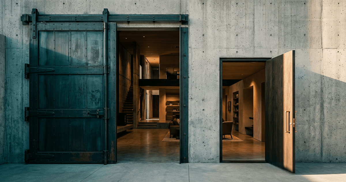 A heavy concrete gate beside a quieter side door — representing a lower-priced path to the same onboarding outcome