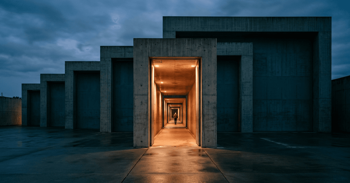 A single tall concrete gateway with one open channel, flanked by a row of larger closed gates receding into shadow