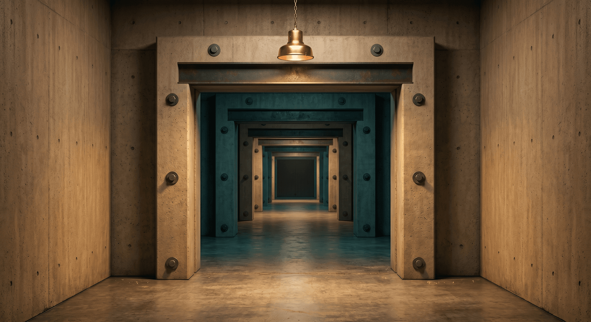 Fortified concrete gatehouse with heavy inspection checkpoints receding through a corridor, representing a compliance-focused onboarding platform review