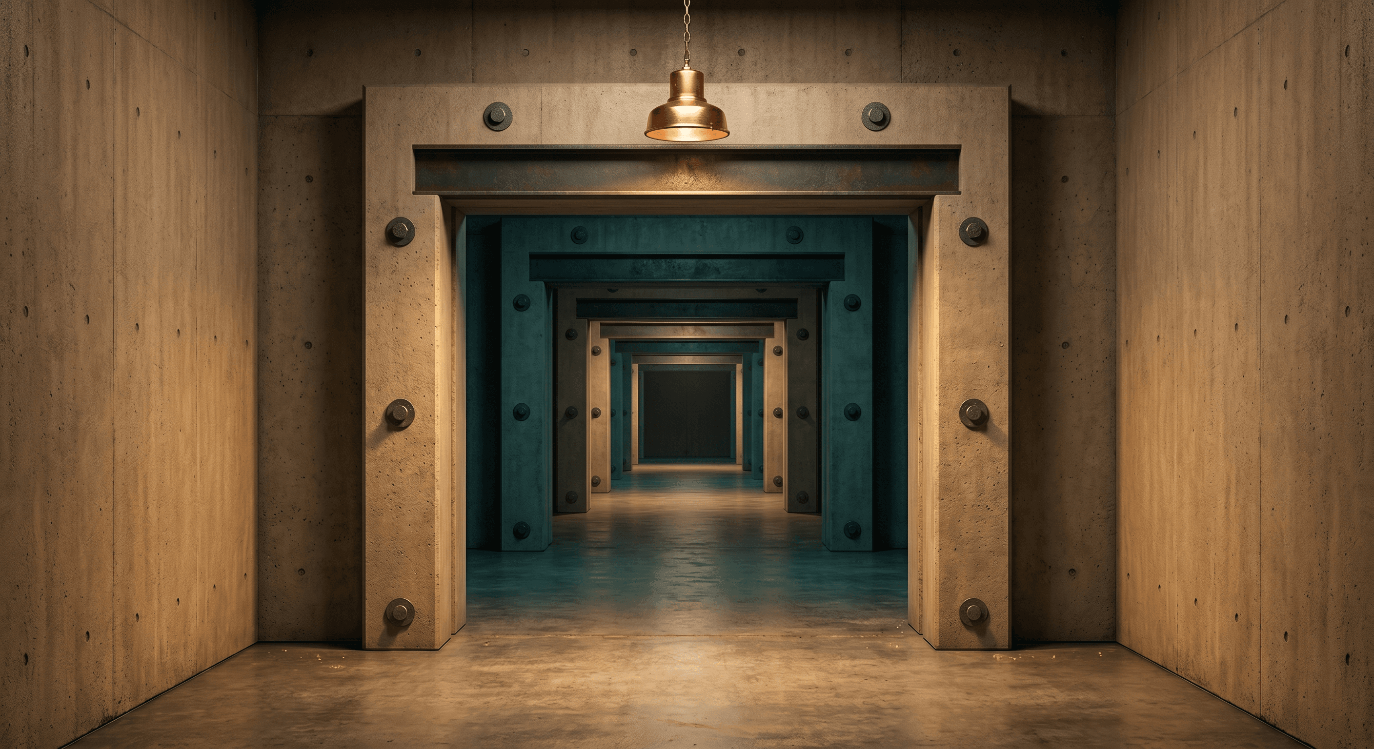 Fortified concrete gatehouse with heavy inspection checkpoints receding through a corridor, representing a compliance-focused onboarding platform review