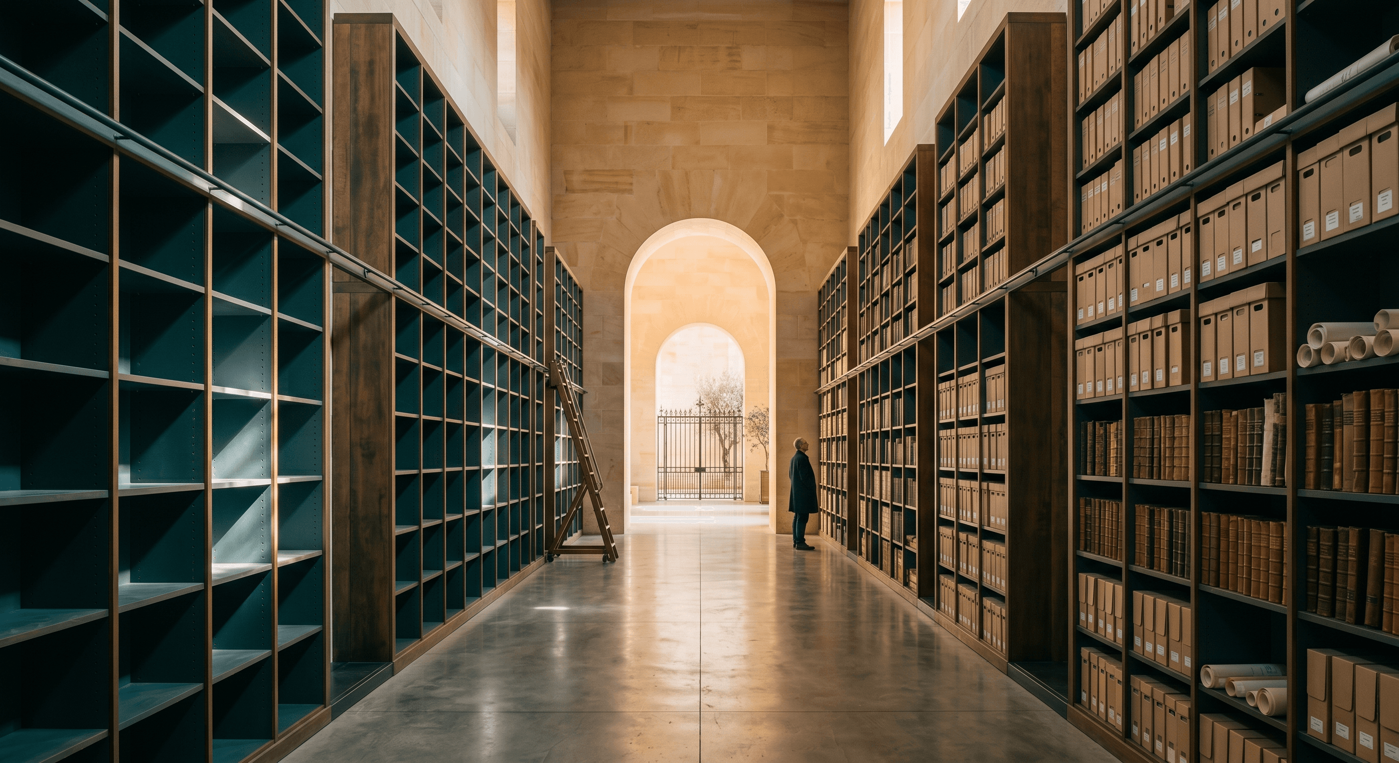 Archive hall with organized shelving converging toward an archway representing structured client document collection