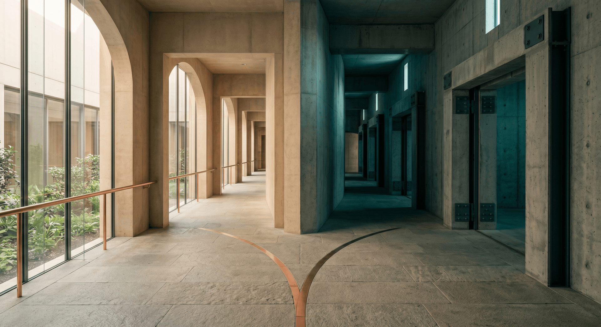 Two parallel concrete corridors diverging from a shared threshold, one light and minimal, the other heavy and gated, representing a head-to-head tool comparison