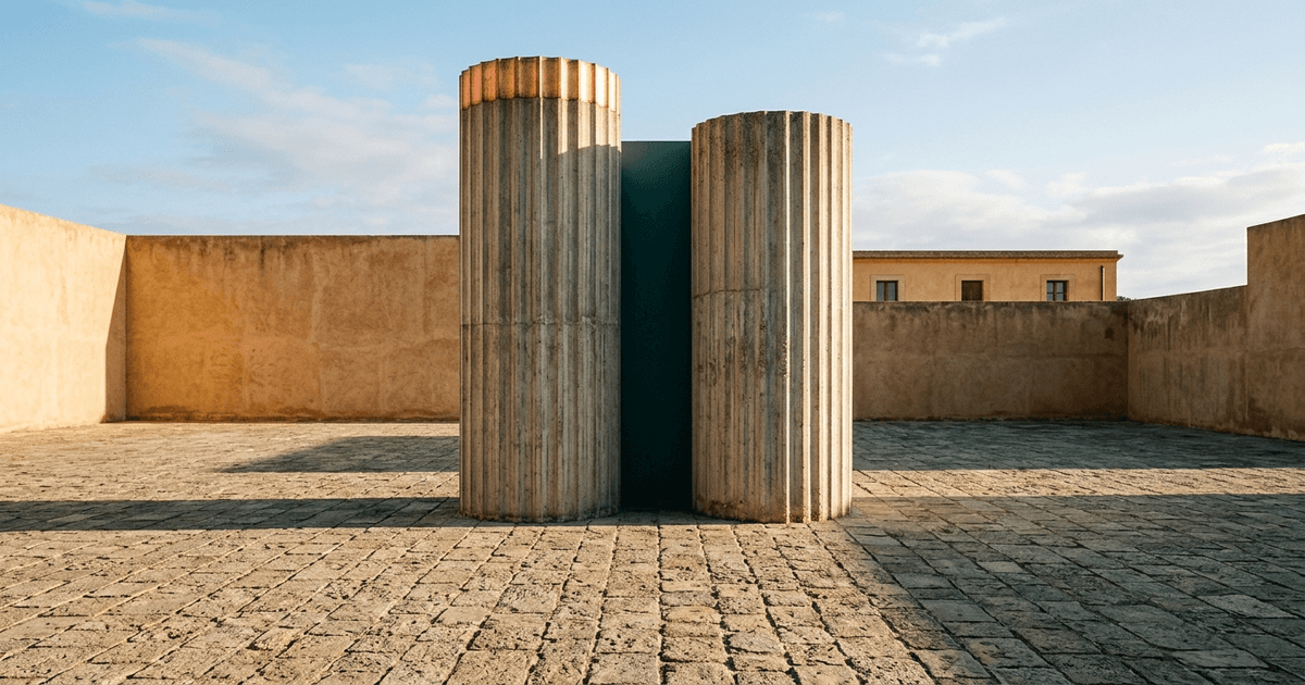 Two concrete archways side by side, one narrow and one wide with additional open channels behind it, lit from above
