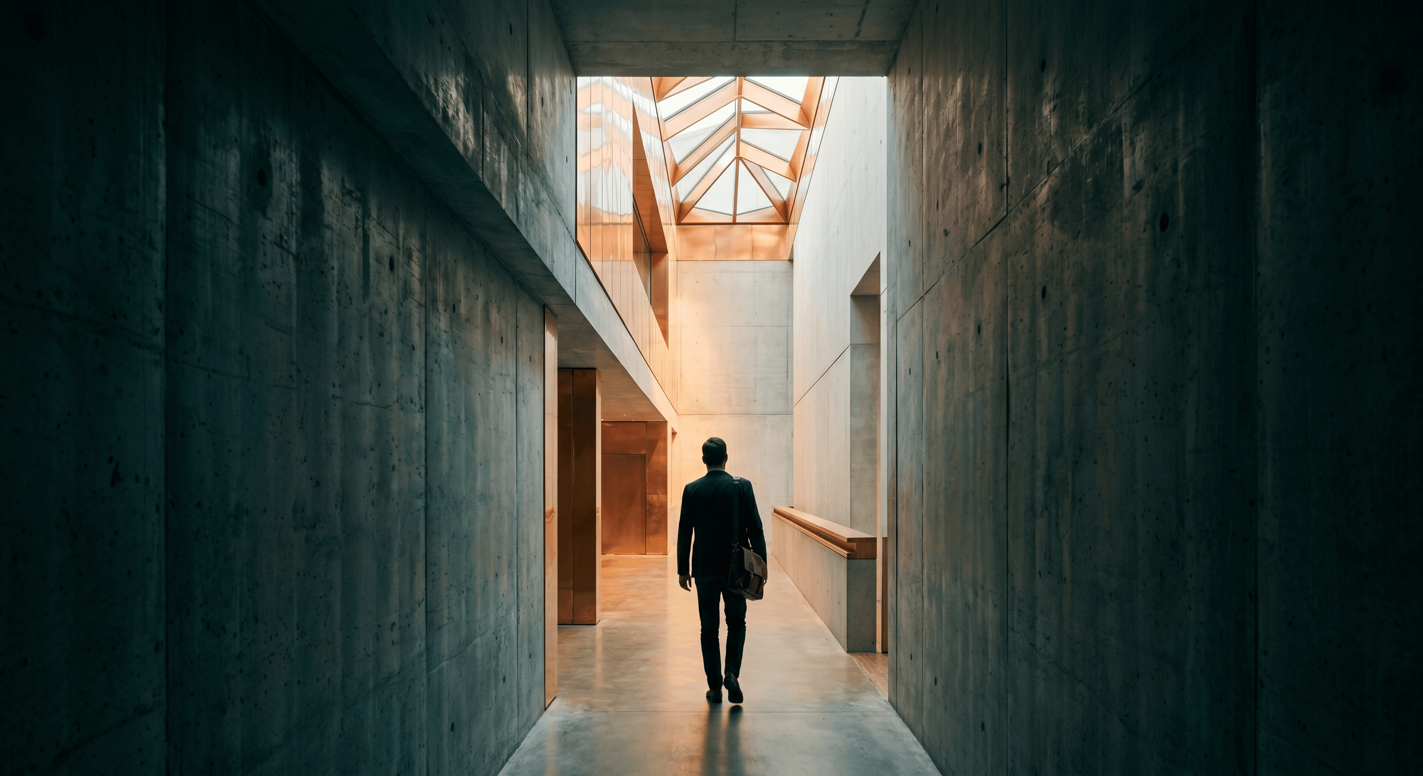 A concrete corridor splitting into two paths, one leading to a heavy locked gate, the other to an open doorway with light streaming through