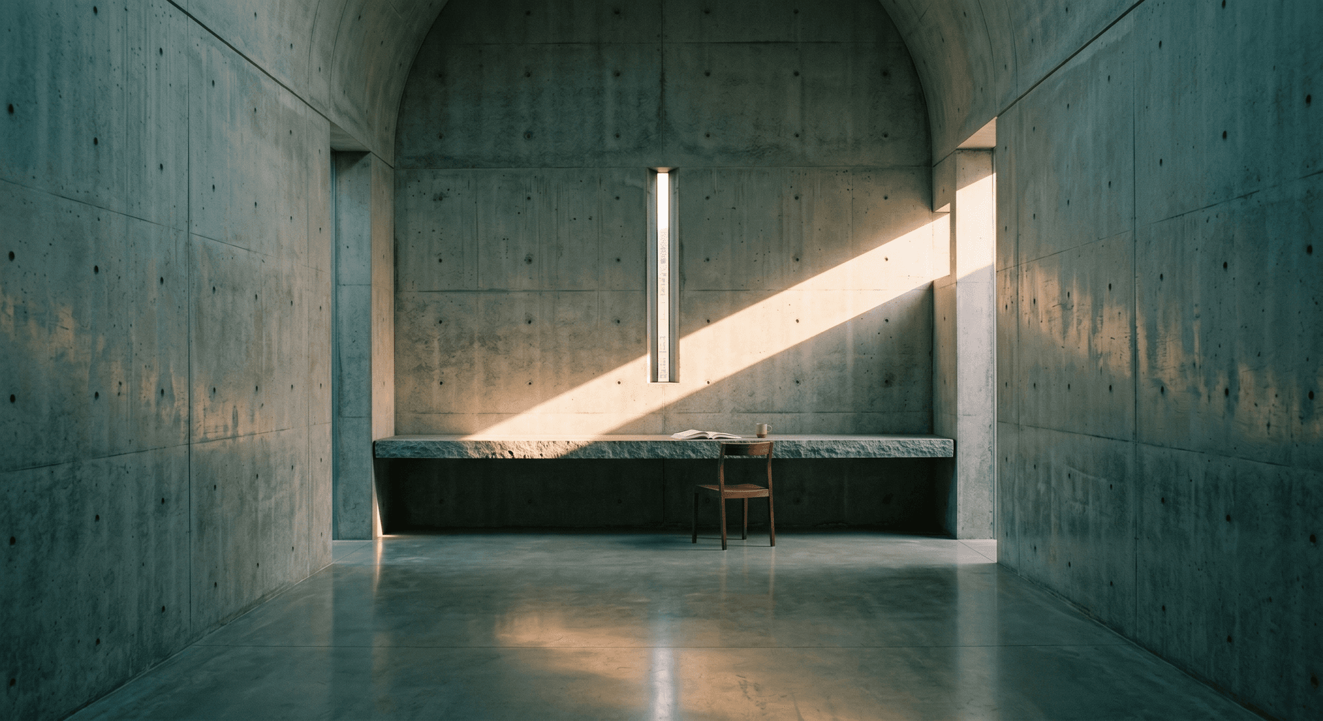 Minimalist concrete room with a narrow window casting a beam of light across a stone desk, representing structured intake form design