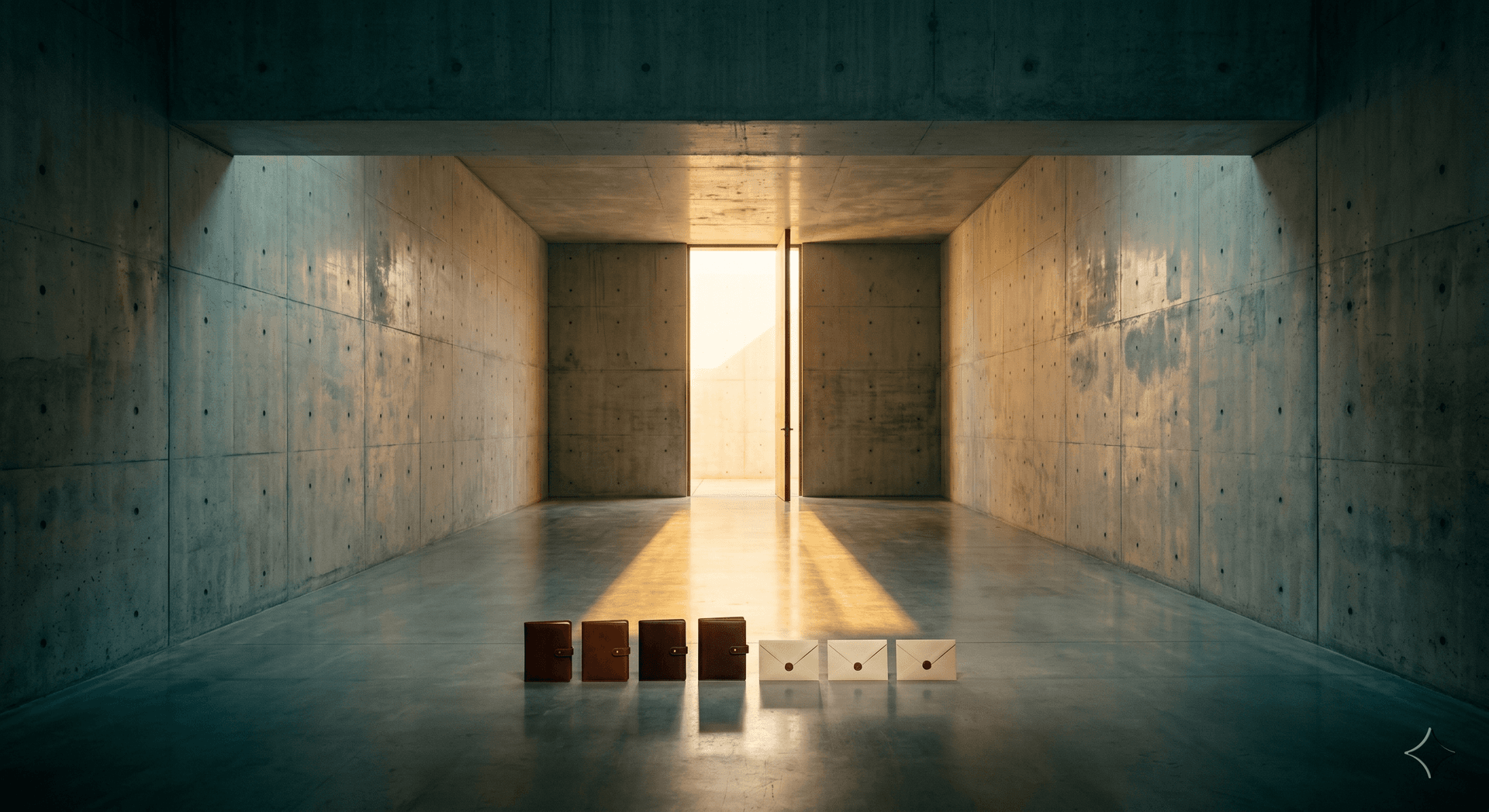 Concrete room with an open door and folders arriving in warm light, representing documents collected without chasing clients