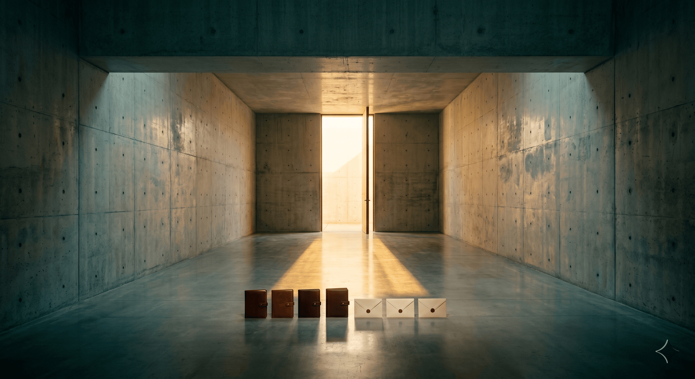 Concrete room with an open door and folders arriving in warm light, representing documents collected without chasing clients