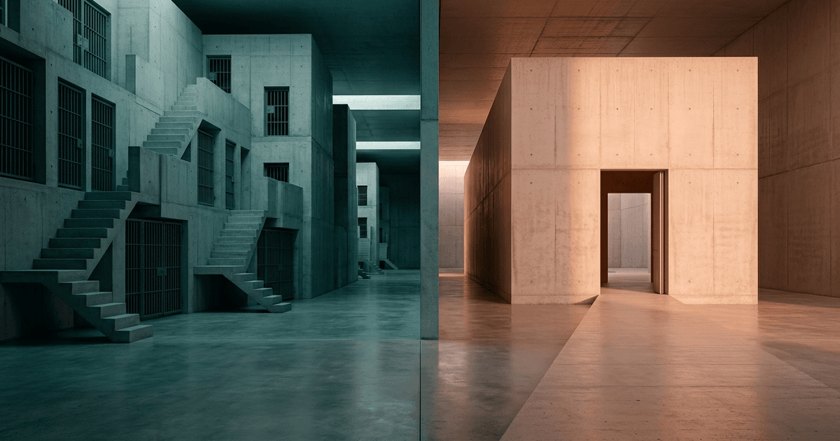 A heavy gated concrete complex on one side and a single open doorway reached by one straight path on the other