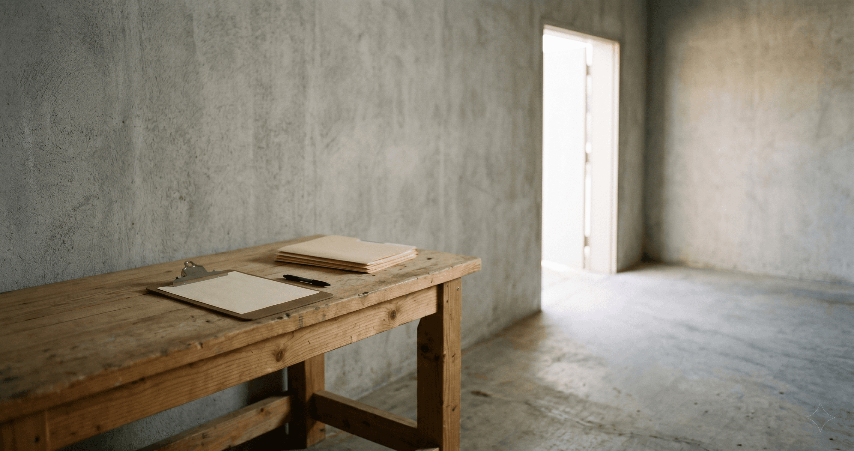Sparse concrete room with a simple wooden workbench holding a clipboard and folders, an open doorway letting in light, representing when manual processes are sufficient