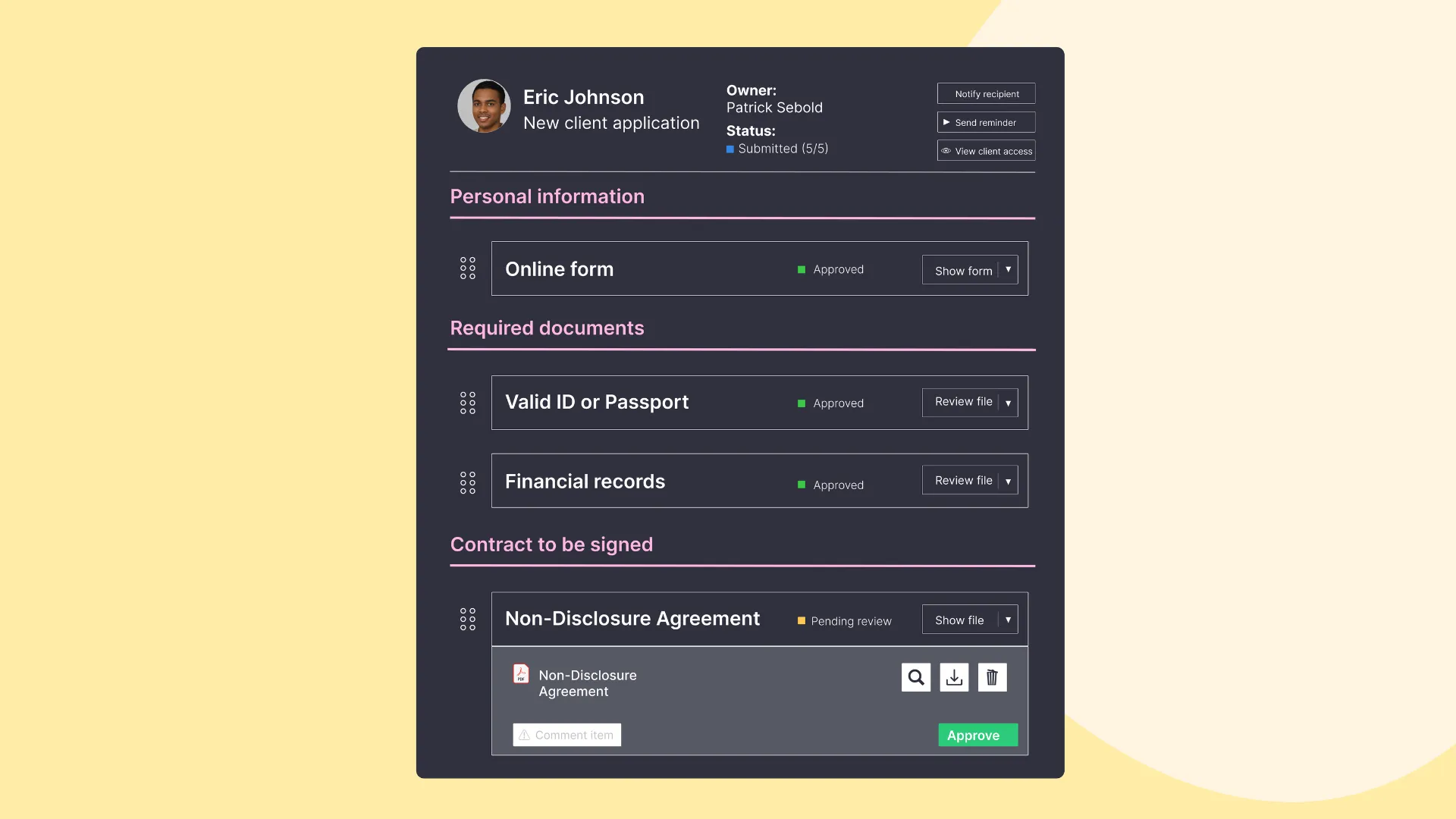 Clustdoc application review dashboard showing a client submission with approval status for personal information, documents, and contracts