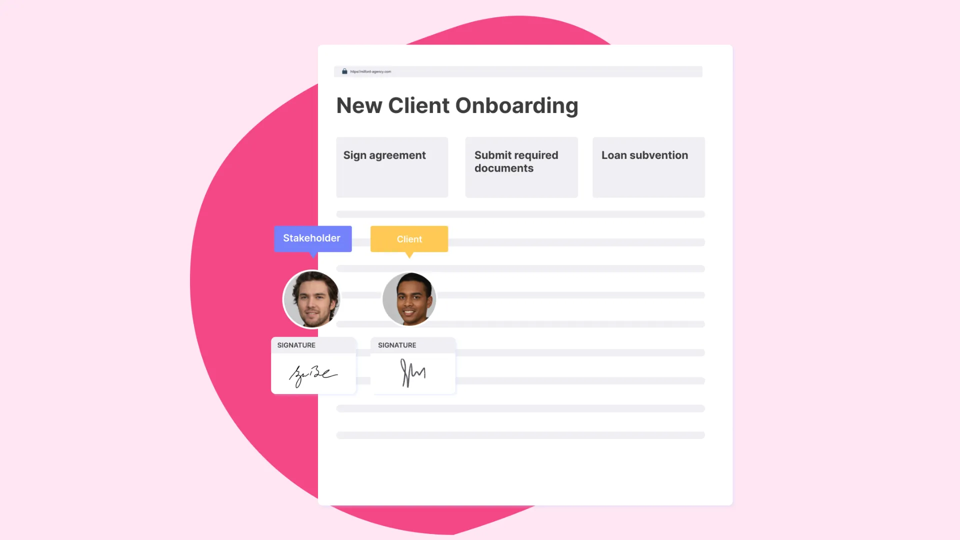 Clustdoc e-signature workflow showing stakeholder and client signature fields on a new client onboarding document