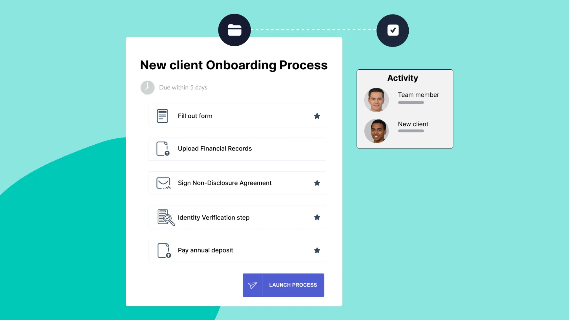 Clustdoc onboarding process builder showing a multi-step workflow with form, document upload, NDA signing, identity verification, and payment tasks