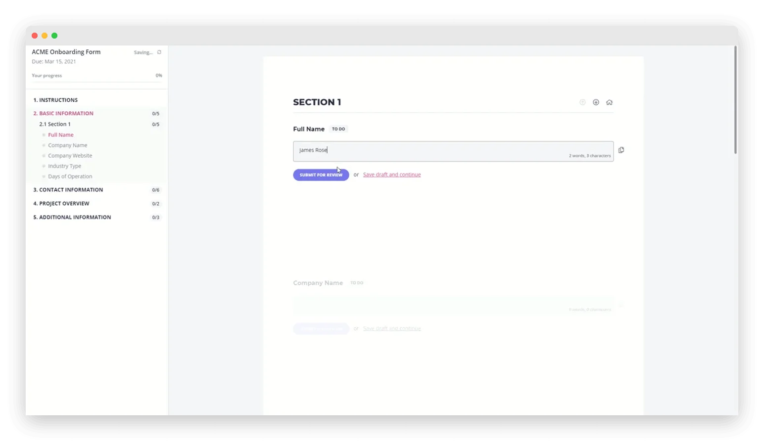 Content Snare client-facing form showing a structured request with upload fields, text inputs, and progress indicators