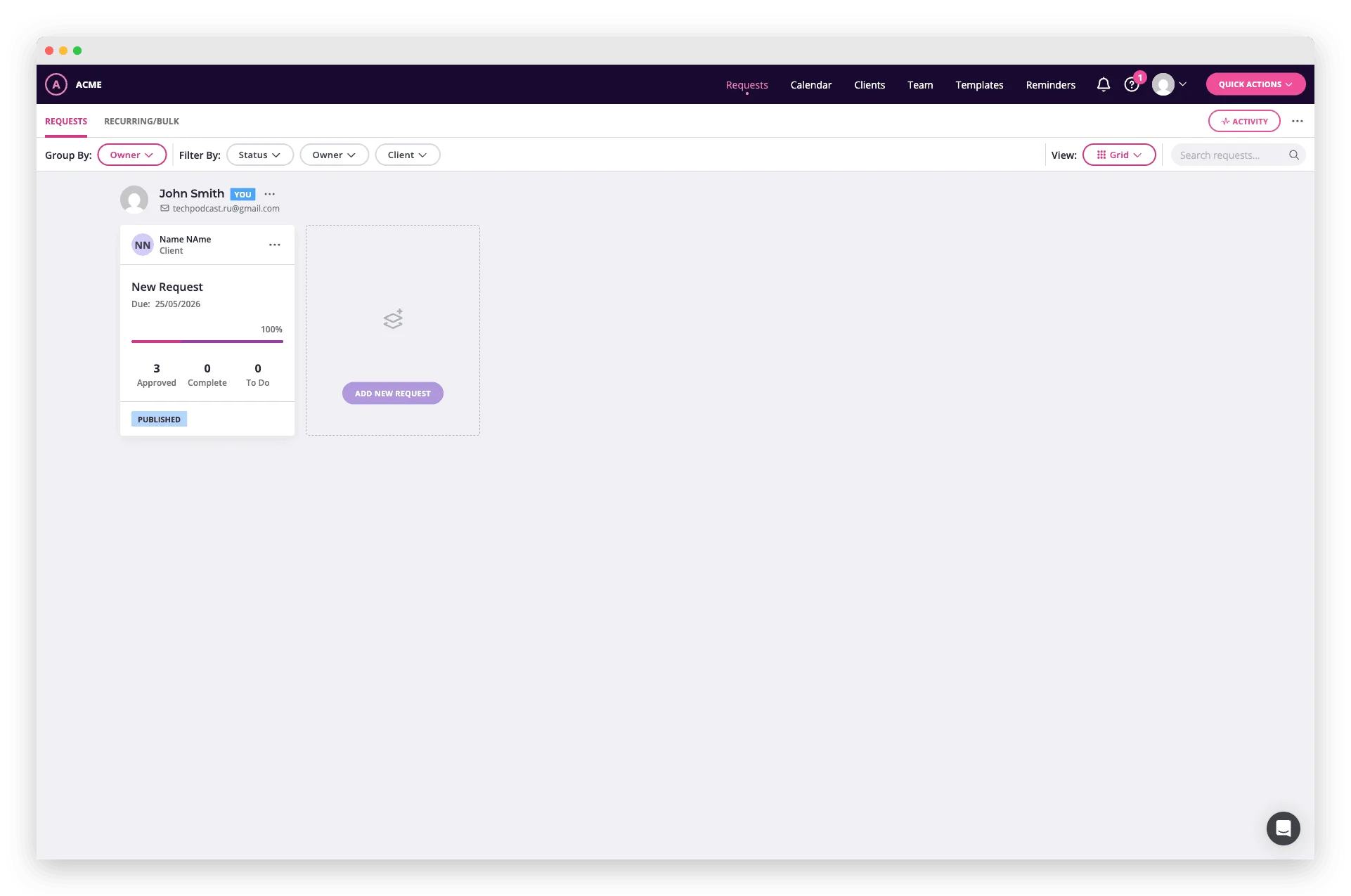 Content Snare dashboard showing active requests, client submission status, and document review queue