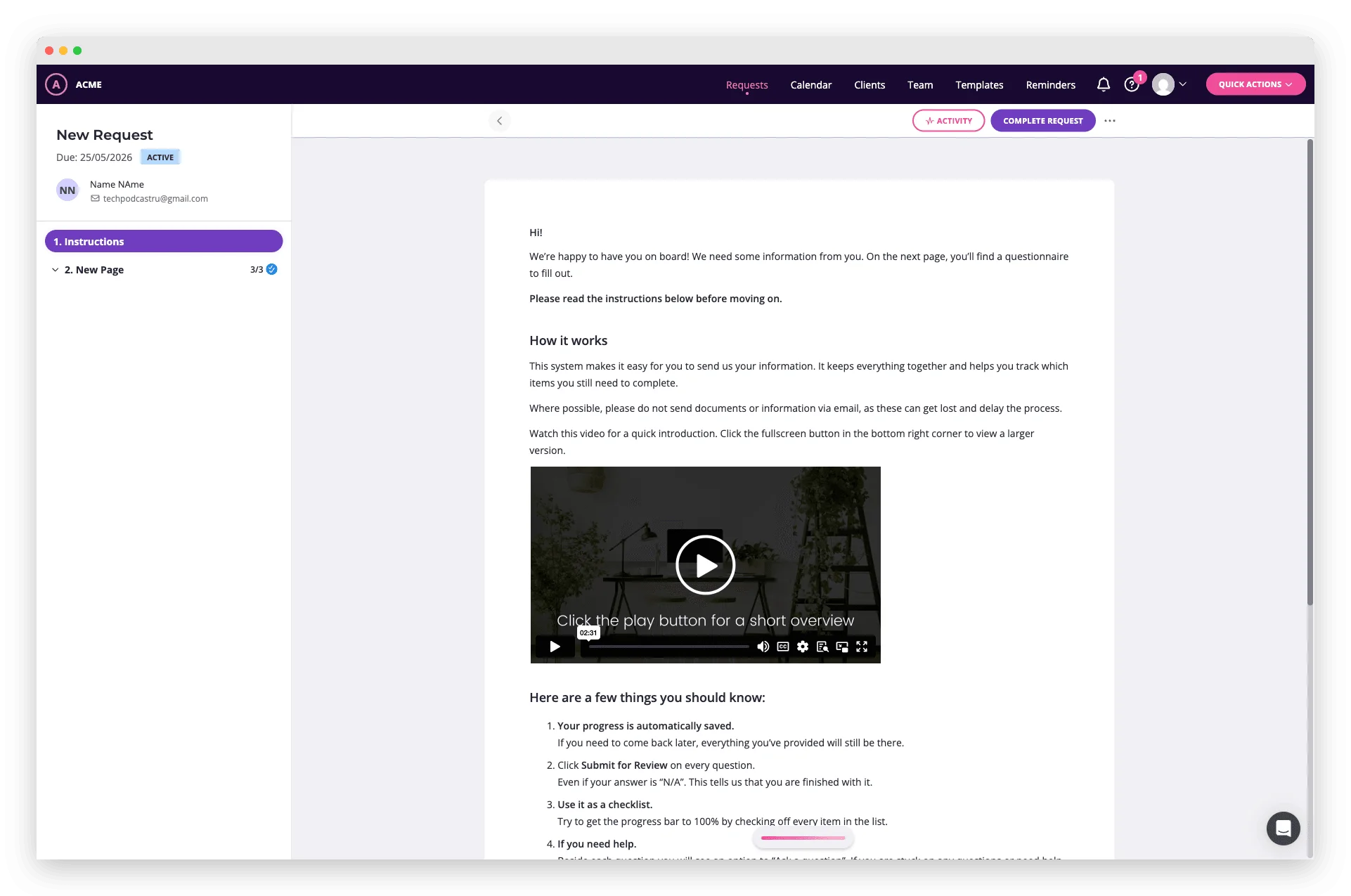 Content Snare request detail view showing individual document items with approve, reject, and request changes actions
