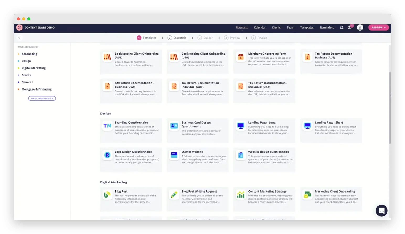 Content Snare template gallery showing pre-built request templates organized by industry and workflow type