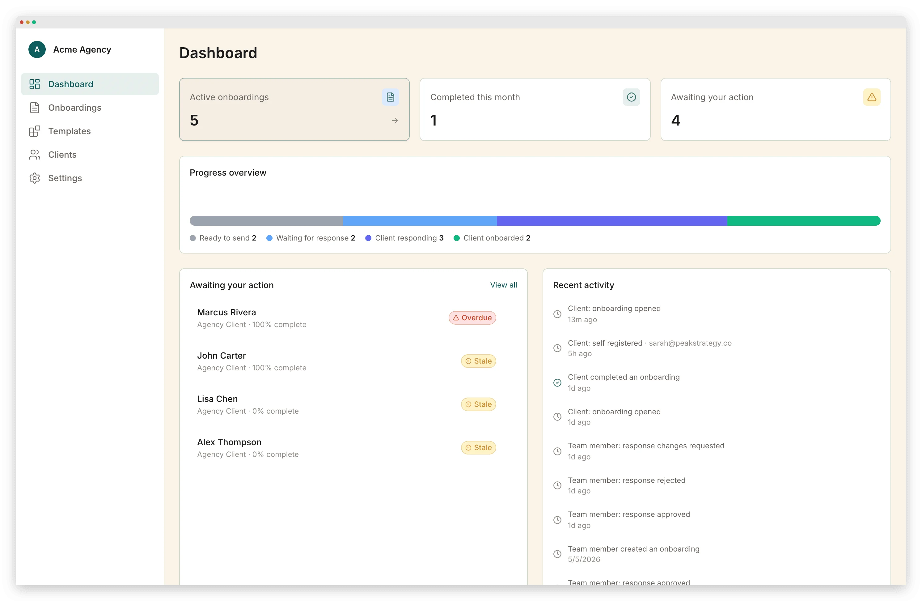 Portico dashboard showing active onboardings with step-by-step progress, recent activity timeline, and client status at a glance