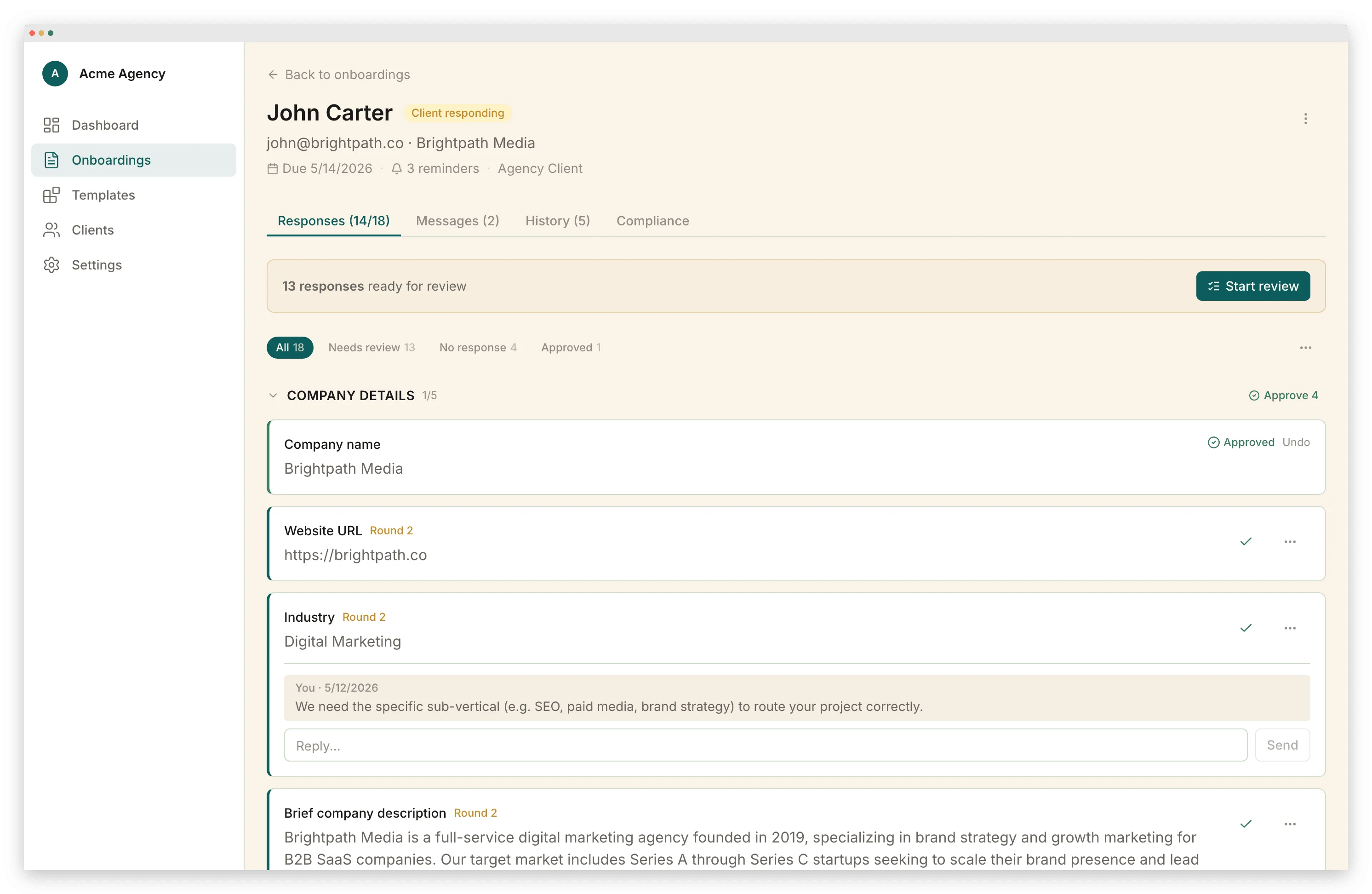Portico onboarding detail view showing a client's progress through intake form, document uploads, e-signature, and payment steps