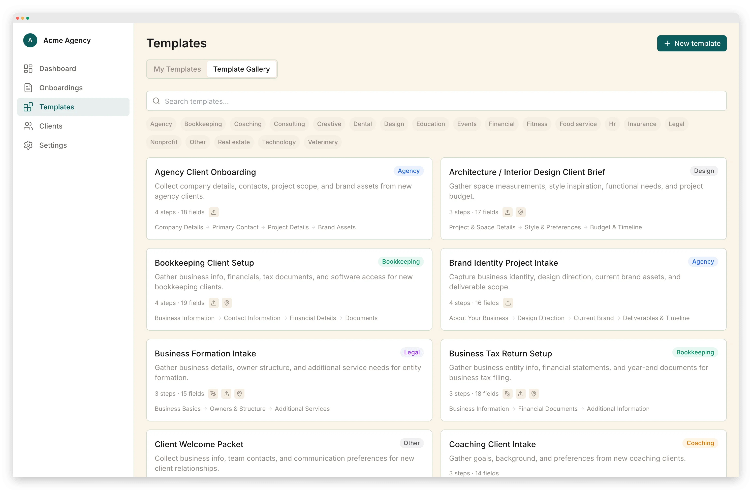 Portico template gallery showing pre-built onboarding templates for agencies, bookkeepers, and consultants with drag-and-drop customization