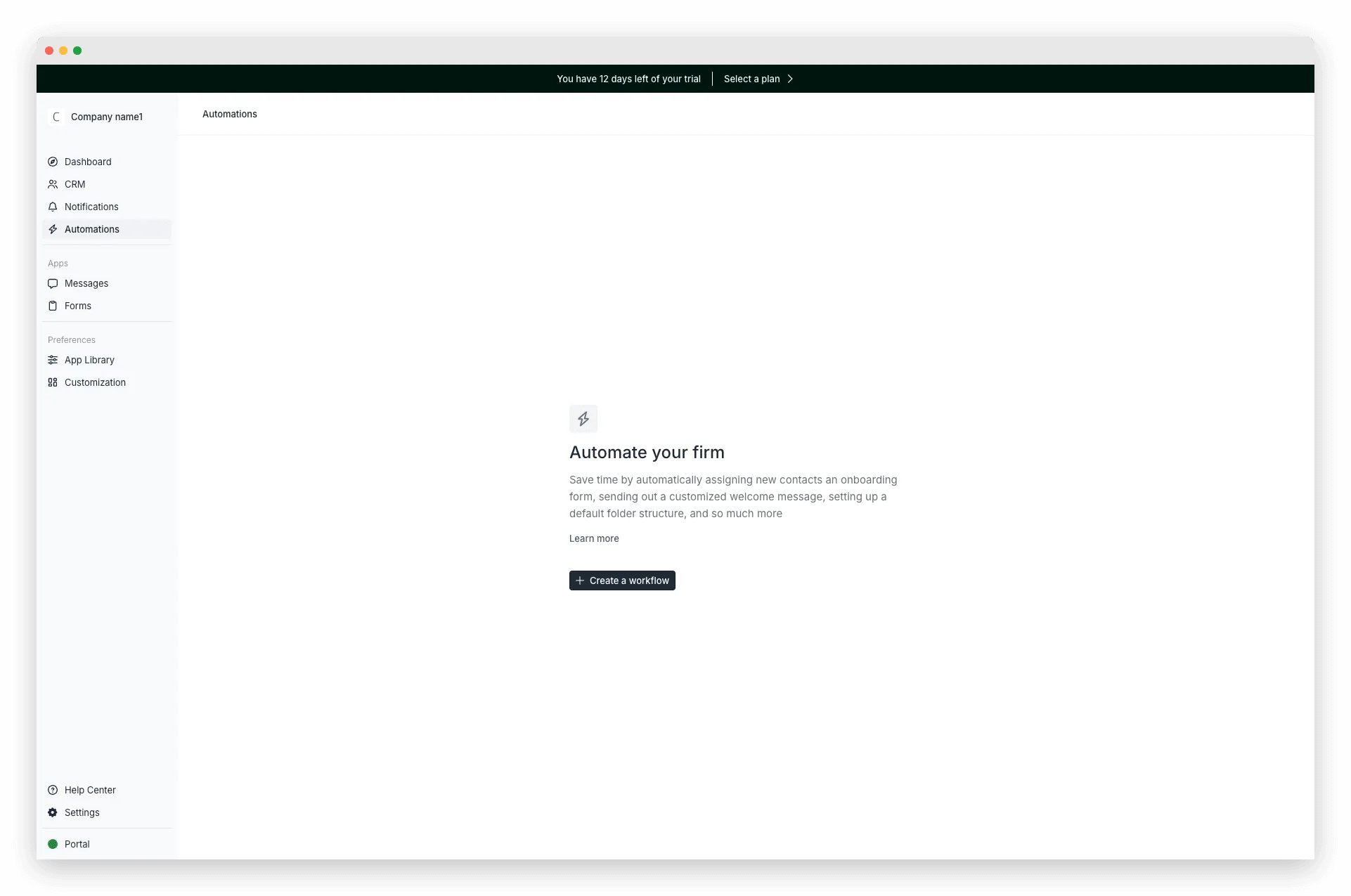 Assembly automations page showing an empty state with 'Automate your firm' and a single 'Create a workflow' button — no pre-built onboarding workflows