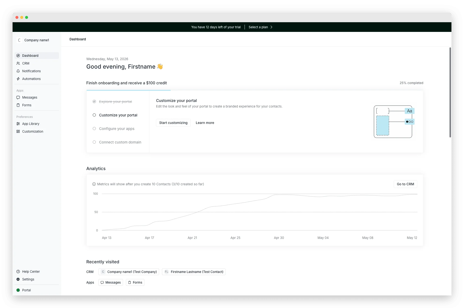 Assembly dashboard showing a 4-step setup checklist (25% completed), an analytics graph with no data, and 'Recently visited' links — a generic portal dashboard, not onboarding-focused